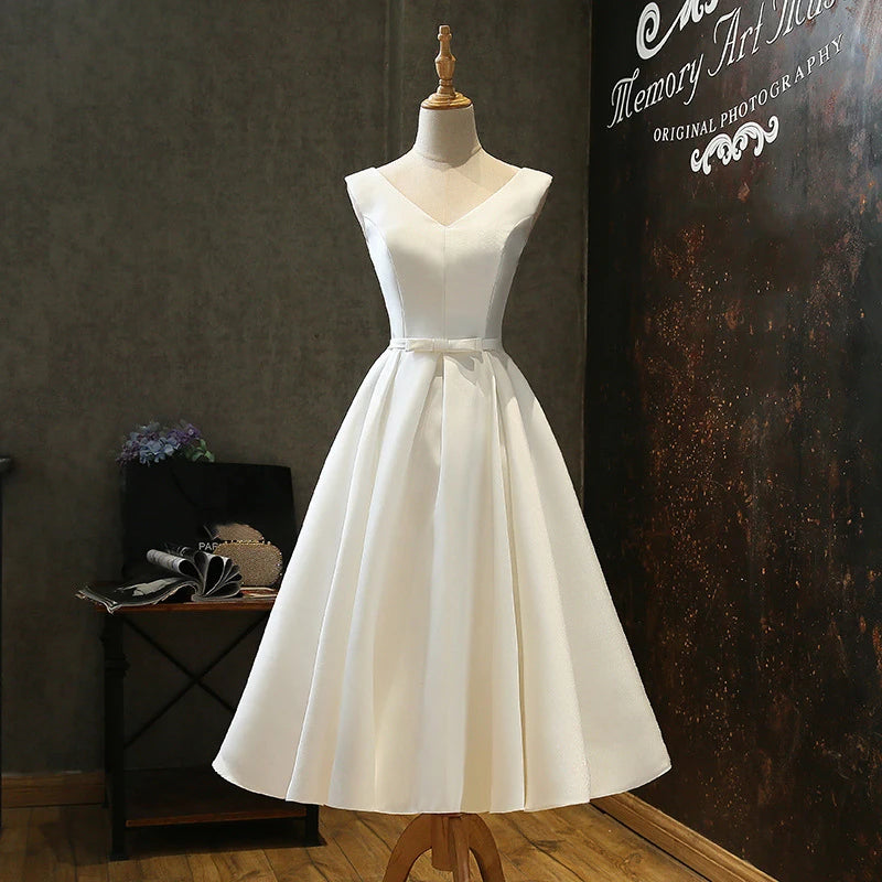 Sexy V Neck White Satin Midi Bride Dress Summer Elegant Prom Evening Wedding Bridesmaid Guest Long Party Dresses for Women 2023