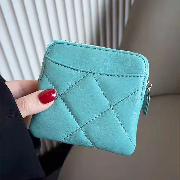 Sheepskin Luxury Woman Coin Purse Genuine Leather Plaid Zipper Lady Card Wallet Spring Summer Fashion Customized Card Holder Bag