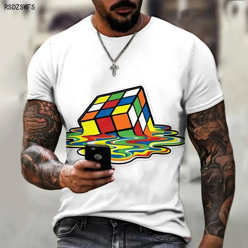 Men's Shirt Exclusive Design Melting Rubik's Cube 3D Printing Printing Trendy Brand Shirt Round Neck T-shirt Oversize 5XL