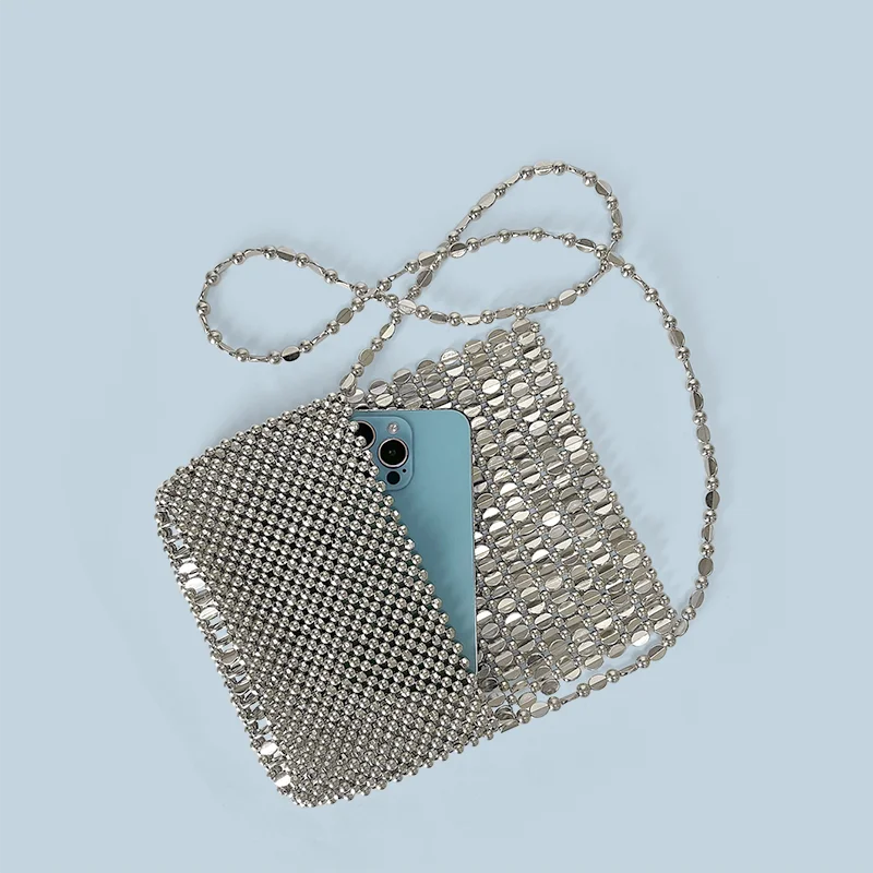 Summer New Blingbling Retro Silver Hollow Design Handmade Beaded Flip Phone Bag