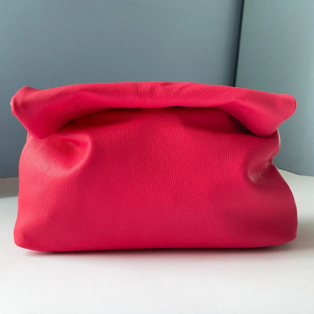 Personality roll-edge leather bag  lazy casual leather soft bag  Phone Women High Quality holding red large bag luxury designer
