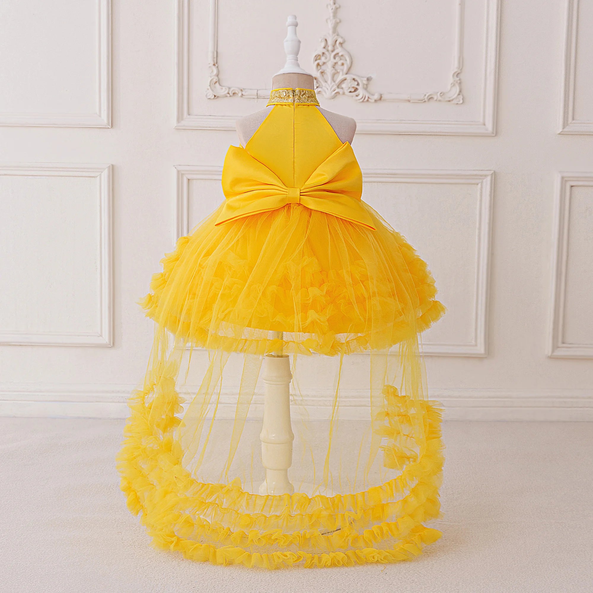 Trailing Big Bow Party Baby Girls Dresses Sequin Baptism Bridesmaid Costume Toddler Birthday Princess Dress Wedding Evening Gown