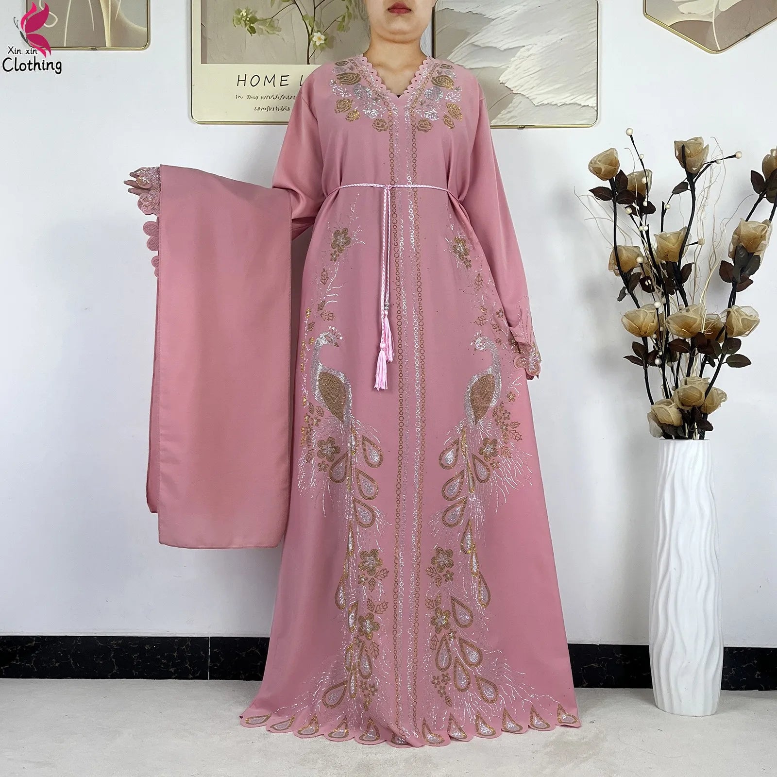 2026New Dubai Muslim Women Modest Dress Diamond Chiffon Elegant Arabic Femme Hijab African Abaya Islamic Long Sleeve Turkey Robe