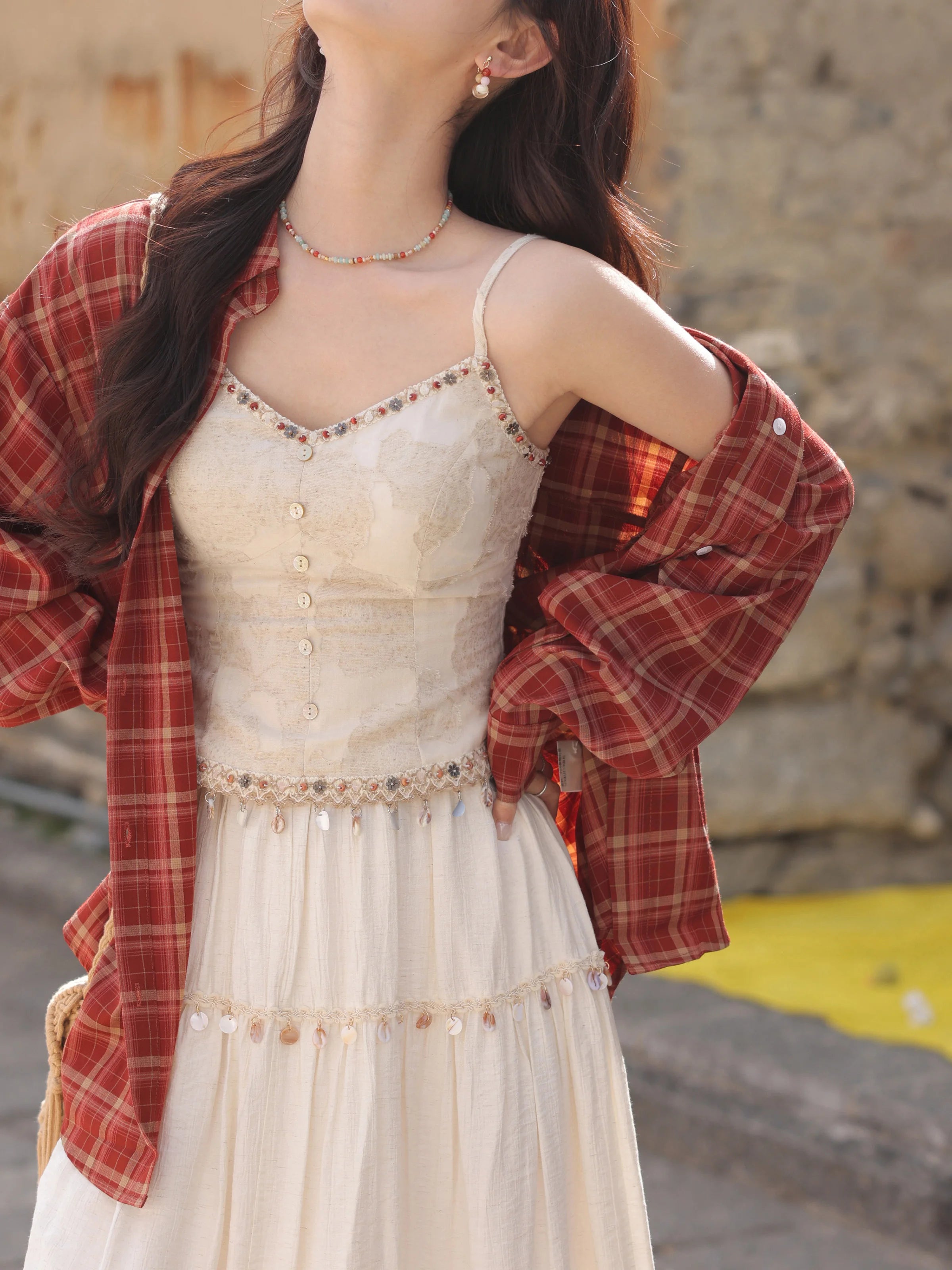 White Lace Three-Piece Set Spring Summer Slim Fit V-Neck Lace Cami Top High-Waisted A-Line Maxi Skirt Chic Red Fashion Shirt
