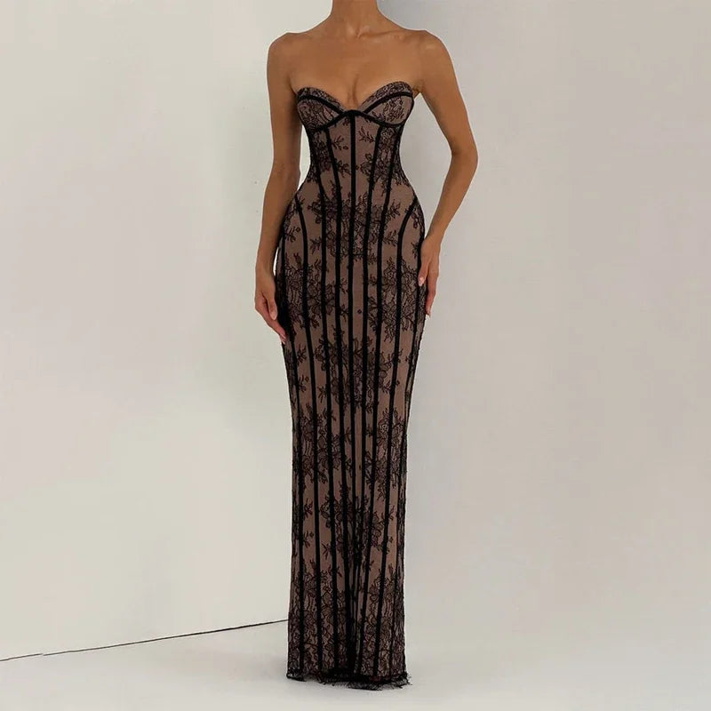Women Strapless Tulle Fishbone Dress Backless Off Shoulder Printed Patchwork Slim Maxi Dresses 2026 Lady Chic Party Evening Gown