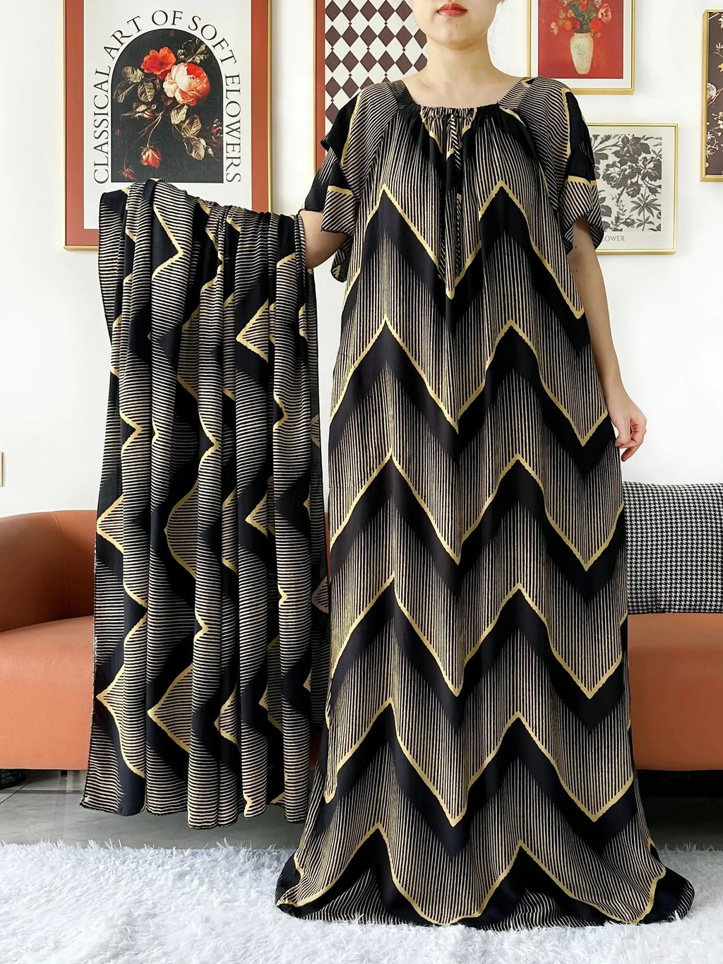 2024 New Muslim Dubai Abaay Women Cotton Dress With Big Scarf For Women Maxi Summer Short Sleeve Loose African Abaya Clothing