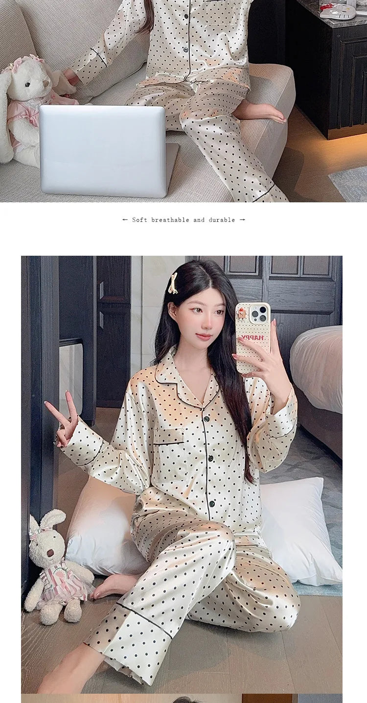 Spring and Autumn Summer Black Polka Dot Ice Silk Pajamas Women's New Long Sleeve Long Pants Net Red Simple Casual Homewear Set