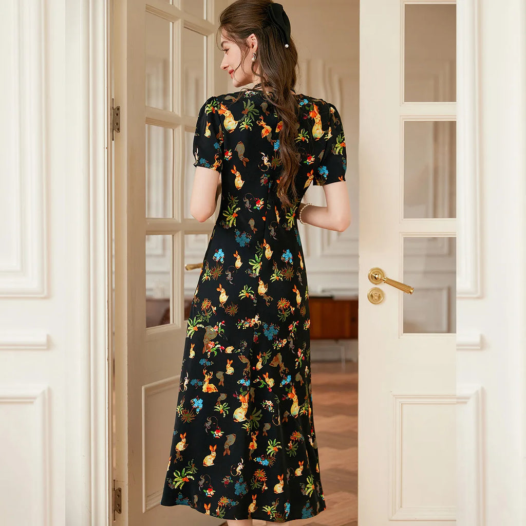 LOUIS YAO Women's Printed Dress 2025 Summer Soft Fabric New Cute Animal Flower Patterns Umbrella-shaped Skirt Hem Long Dresses