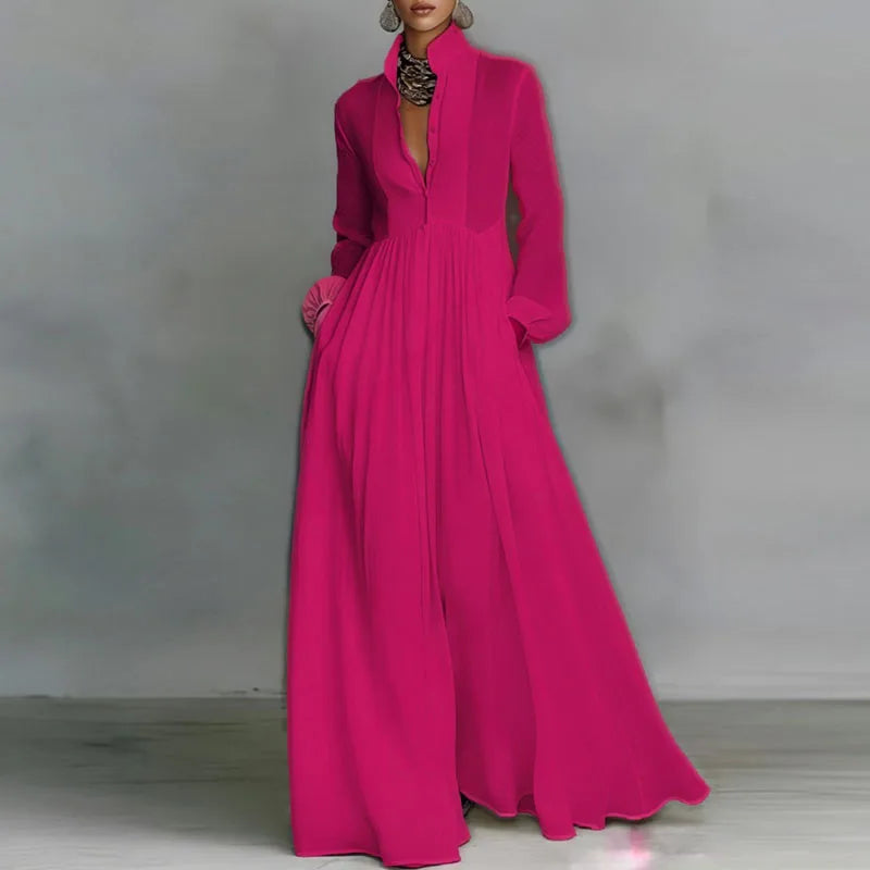 Bohemian Stand Collar Button Maxi Shirt Dress Woman Elegant High Waist Solid Party Dress Spring Long Sleeve Loose Casual Dresses