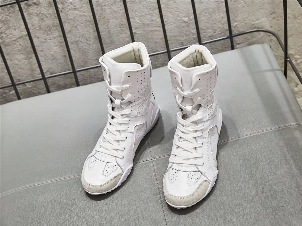 Women Genuine Leather White High Top Sneakers Spring Summer Women Casual Shoes Fashion Breathable Solid Color Flat with Shoes