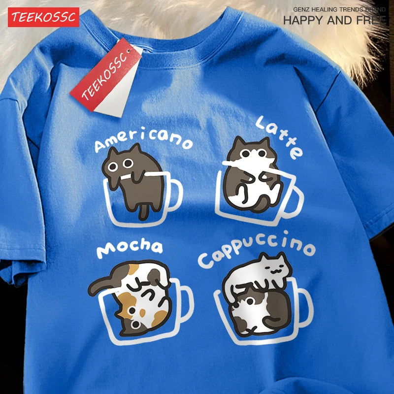 Cat Coffee Pure Cotton Trendy Summer Loose Short Sleeved T-shirt Men Unisex Original Mocha Latte Cat Three Flowers Fun Cat Tees