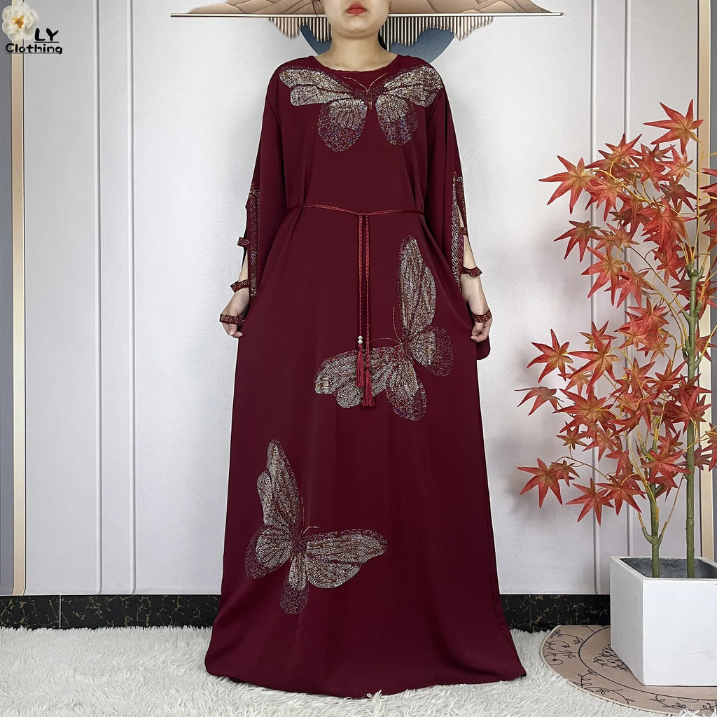 2025New Dubai Muslim Women Elegant Dress African Abaya Loose Butterfly Pattern Diamond Islamic Long Sleeve Turkey Femme Clothing
