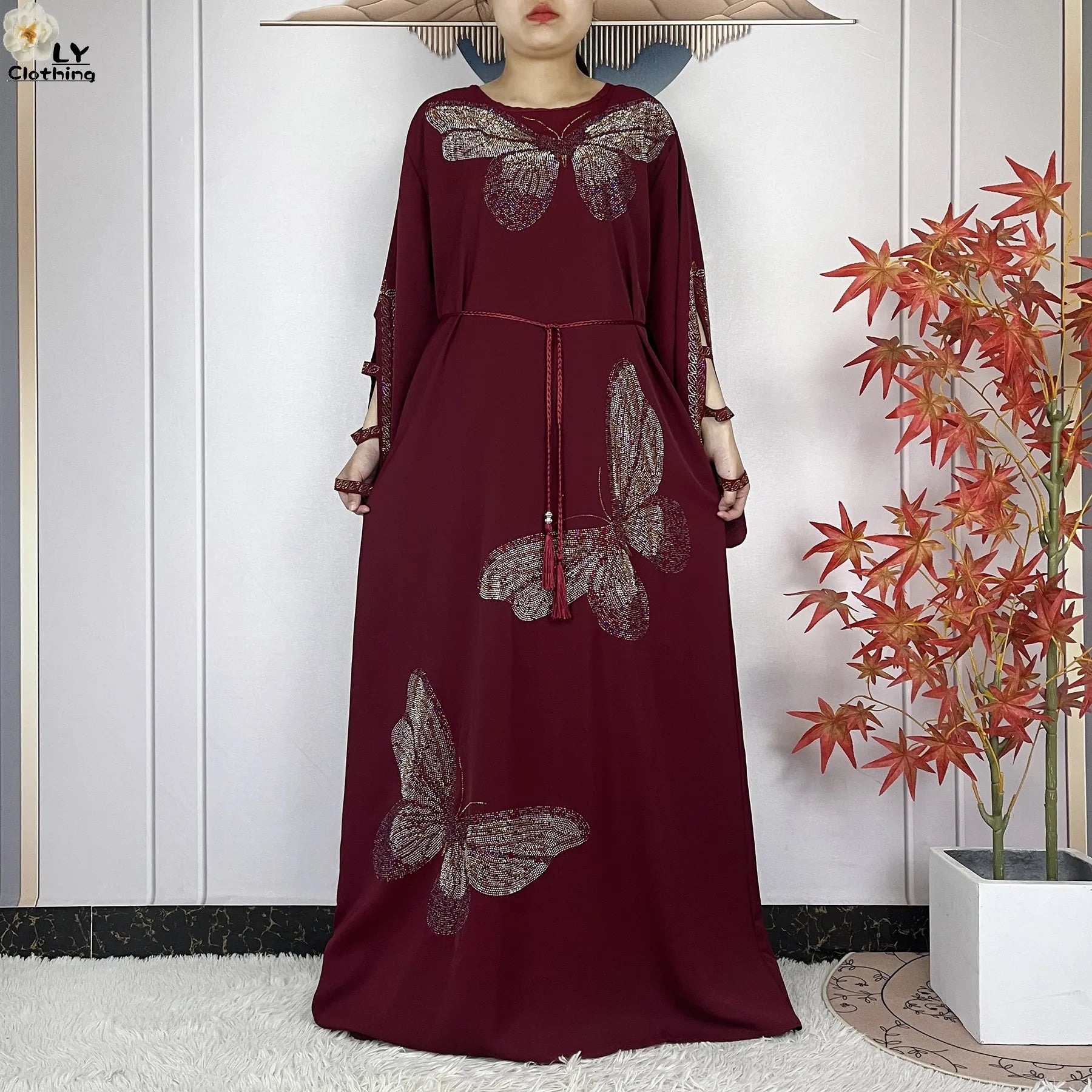 2025New Dubai Muslim Women Elegant Dress African Abaya Loose Butterfly Pattern Diamond Islamic Long Sleeve Turkey Femme Clothing