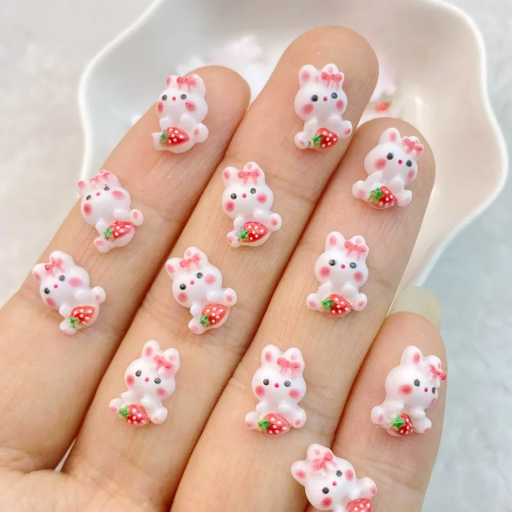 30Pcs Nail Art Accessories Cute mixed color cartoon strawberry rabbit Manicure Design Decorations Resin 3D Charm for Nails DIY