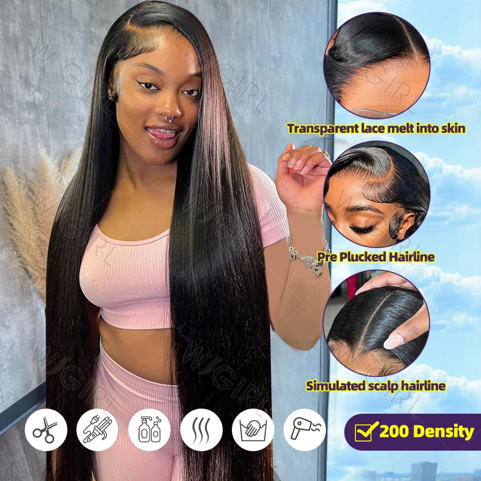 Wigirl HD 30 40 Inch Straight 13x6 Human Hair Lace Frontal Wigs 200% Brazilian Remy PrePlucked 13x4 Lace Front Wig For Women