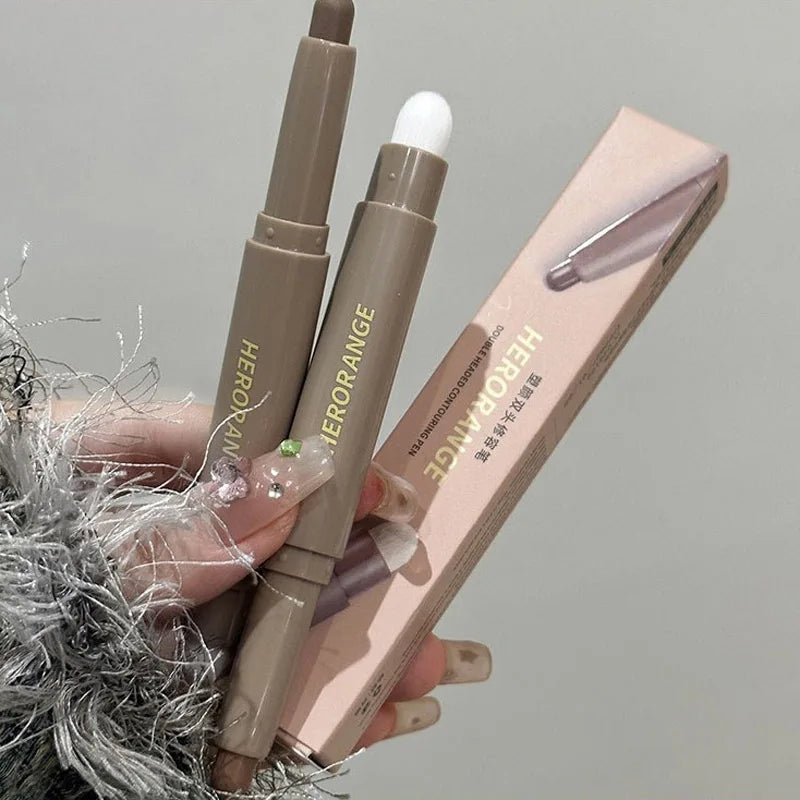Double Head Contour Stick Bronzer with Brush Face Nose Shadow Cream Contour Pen Waterproof Lasting Contouring Makeup Cosmetics