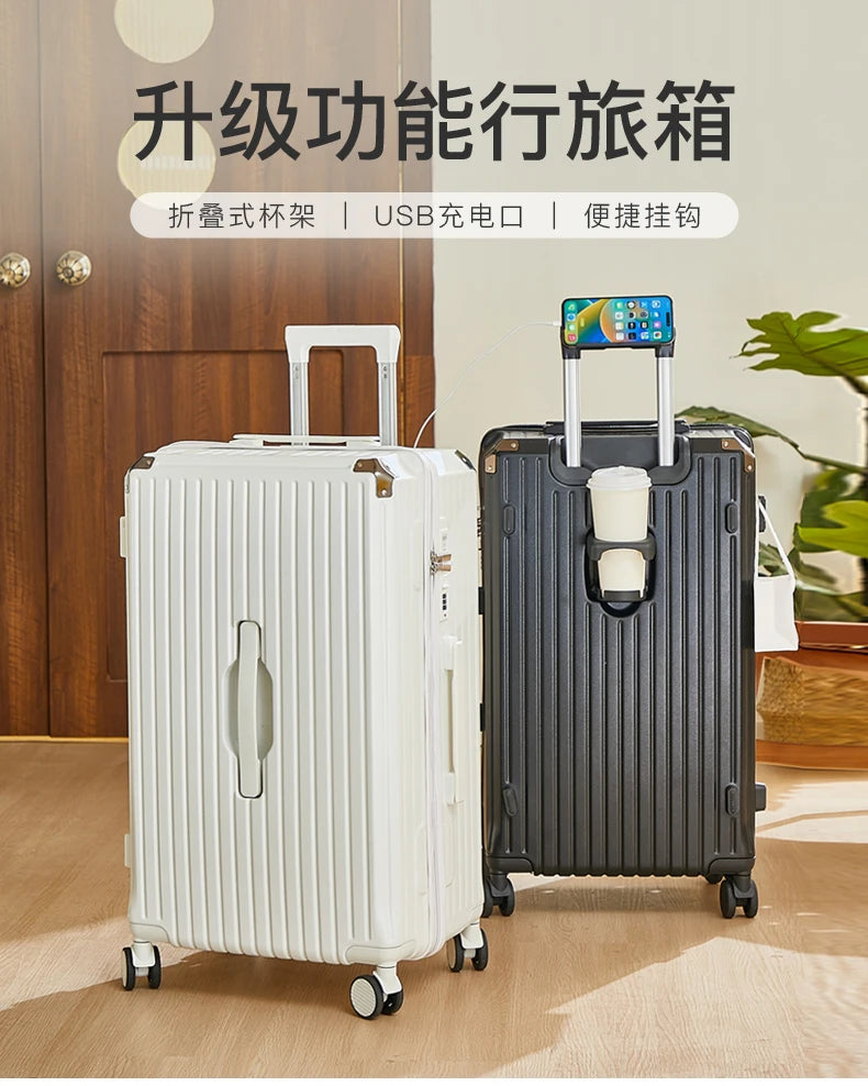 Large Capacity 20-26 Inch Rolling Luggage with Cup Holder Travel Bag Convenien Mobile Phone Stand Simple Travel Rolling Suitcase