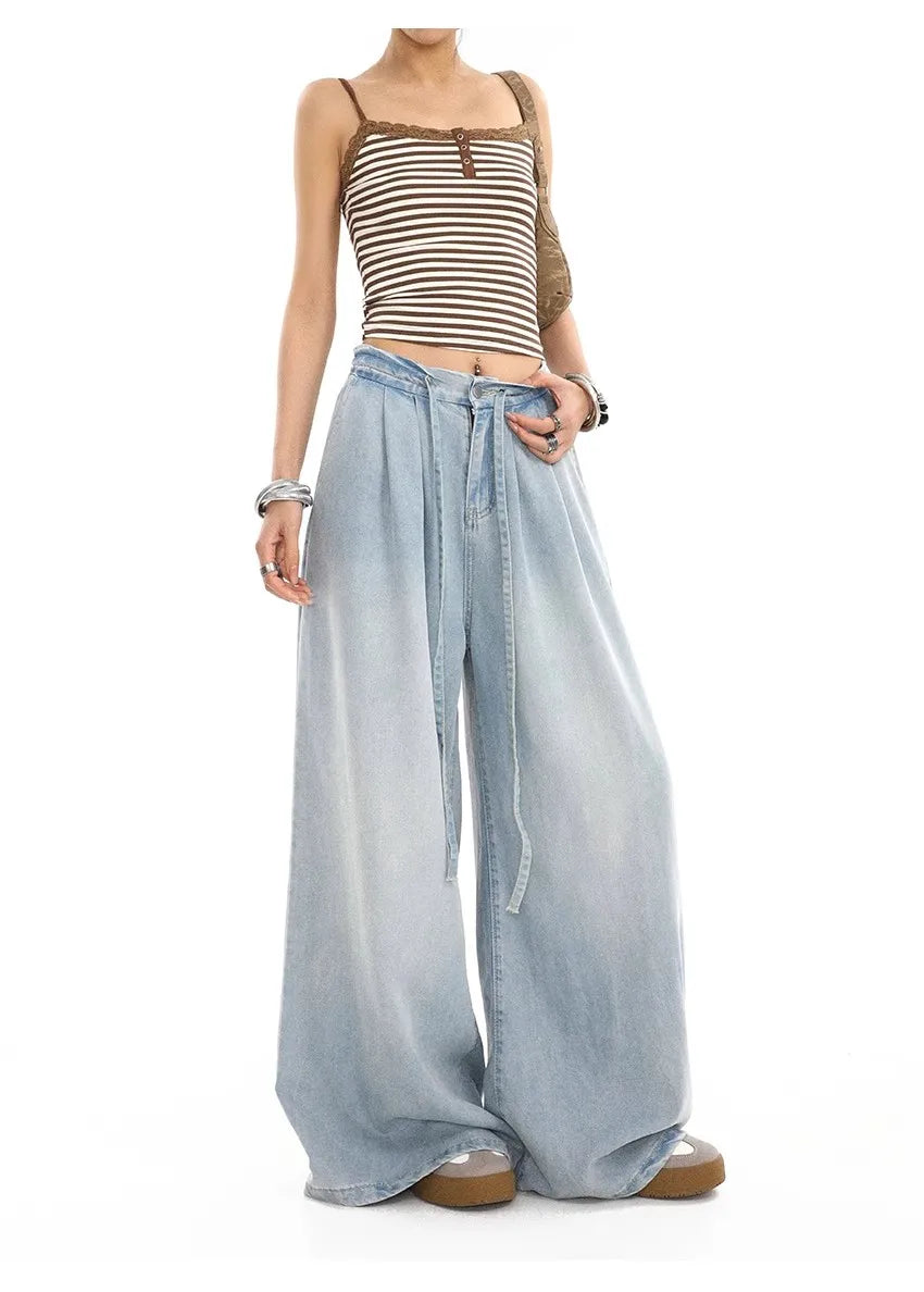 2025 Summer New Drape Wide Leg Jeans Elastic Versatile Ins Trendy Versatile Trousers Harajuku Jeans for Women Denim Pants