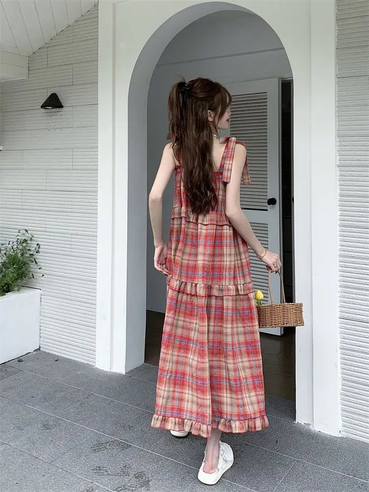 Vintage Plaid Dresses Women Ruffles Sweet French Style Bandage Loose Casual Girlish Summer New Ins Aesthetic Temperament Ulzzang