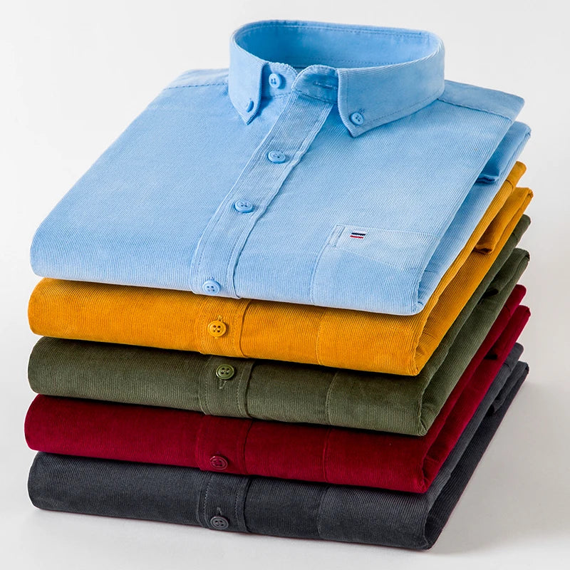 7XL 6XL Cotton Corduroy Shirt Men’s Long Sleeve Casual Regular Fit Soft Comfortable Pocket Dress Shirts For Male Blouse Clothes