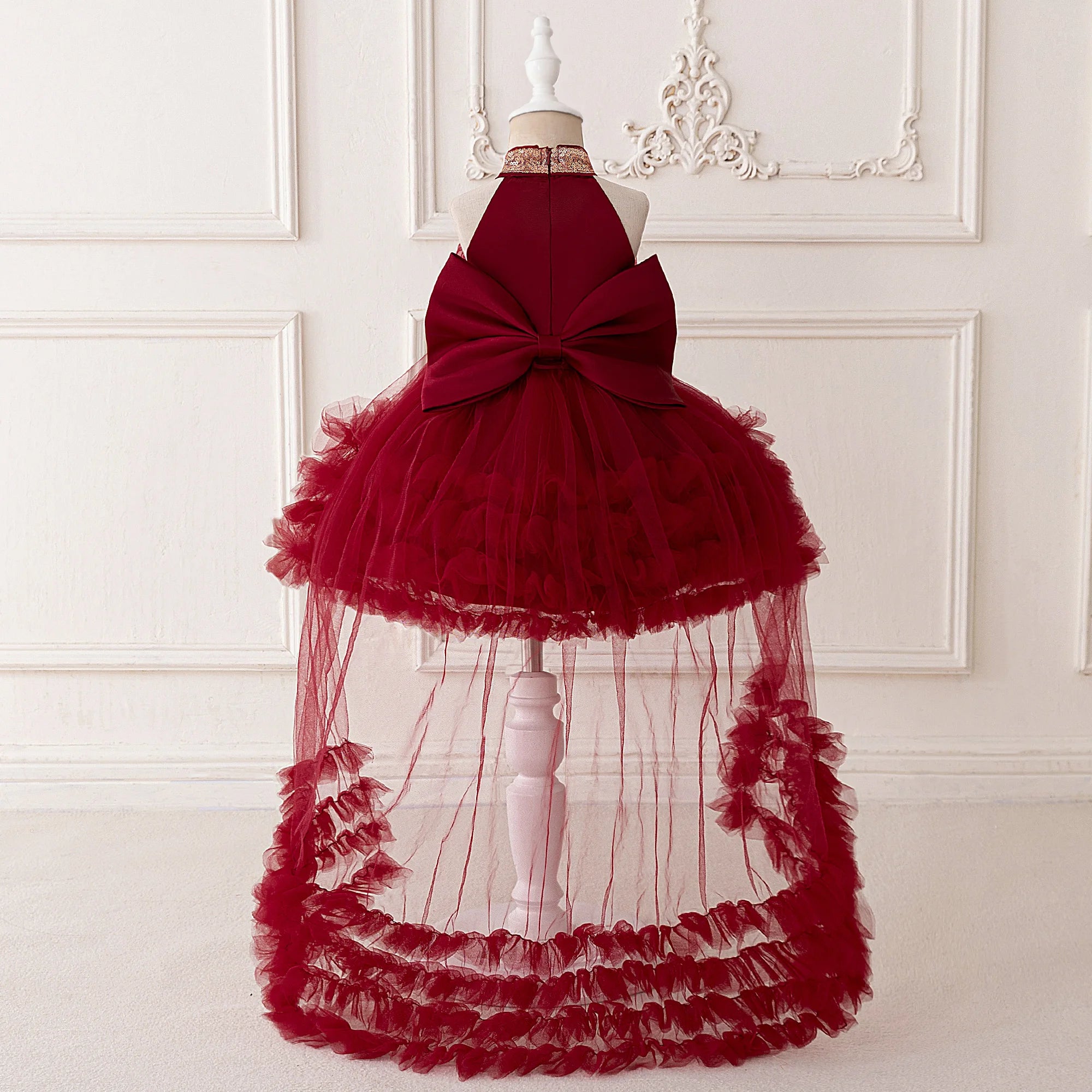 Trailing Big Bow Party Baby Girls Dresses Sequin Baptism Bridesmaid Costume Toddler Birthday Princess Dress Wedding Evening Gown