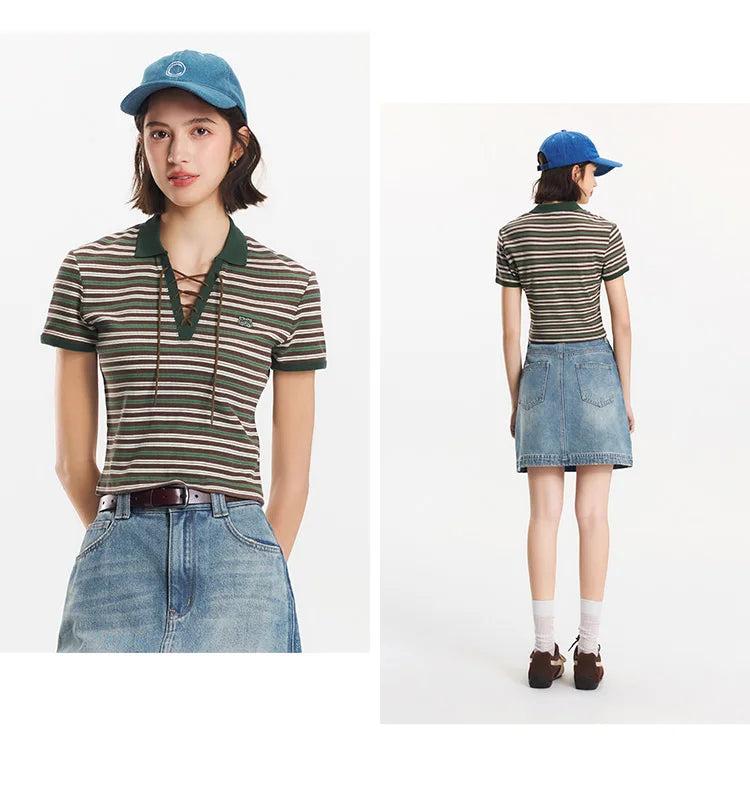 Semir Polo Shirt Women Cropped Slim Fit Tie Detail 2025 New Summer Cool Feeling Striped Top Retro for Trendy and Casual Looks