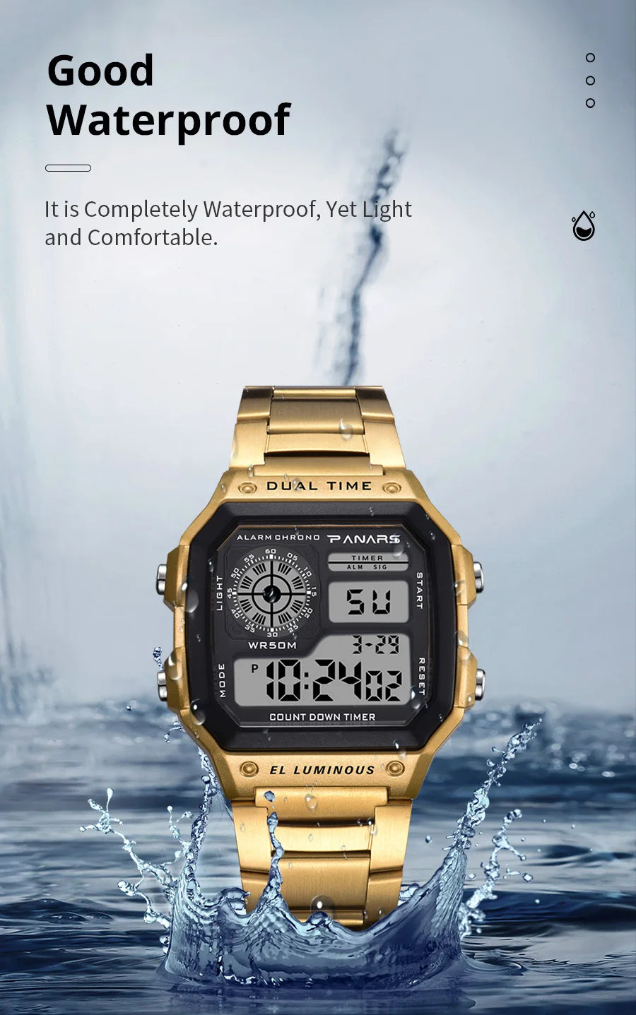 PANARS Top Luxury Stainless Steel Strap Sport Watches Mens Waterproof Back Light Digital Wristwatch Male Alarm