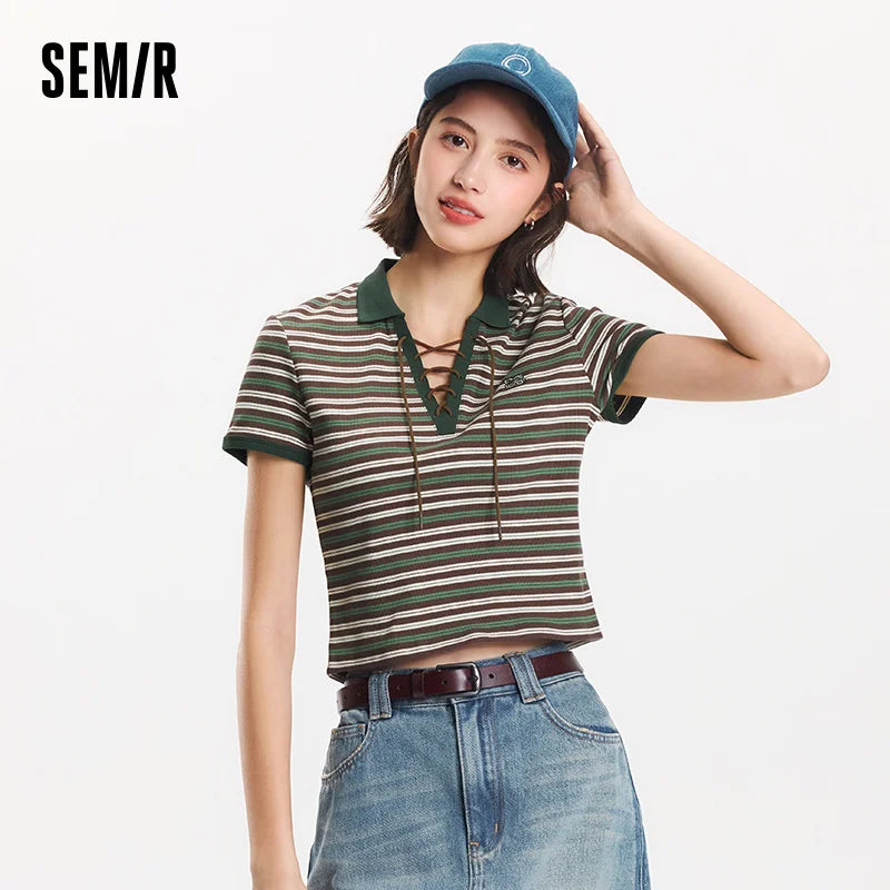 Semir Polo Shirt Women Cropped Slim Fit Tie Detail 2025 New Summer Cool Feeling Striped Top Retro for Trendy and Casual Looks