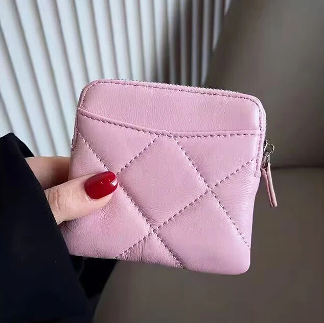 Sheepskin Luxury Woman Coin Purse Genuine Leather Plaid Zipper Lady Card Wallet Spring Summer Fashion Customized Card Holder Bag