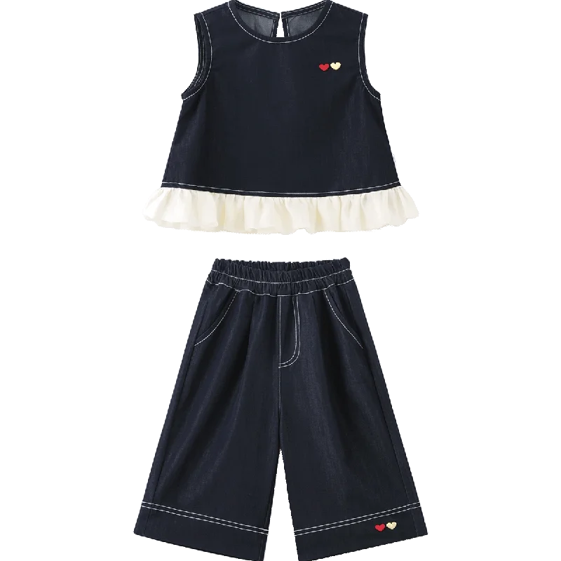 Amila 2026 Girls Summer Set Navy Blue Top Wide Pants 2025 Fashion Heart Embroidery Ruffle Casual Trendy Kids Outfit Sleeveless