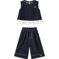 Amila 2026 Girls Summer Set Navy Blue Top Wide Pants 2025 Fashion Heart Embroidery Ruffle Casual Trendy Kids Outfit Sleeveless