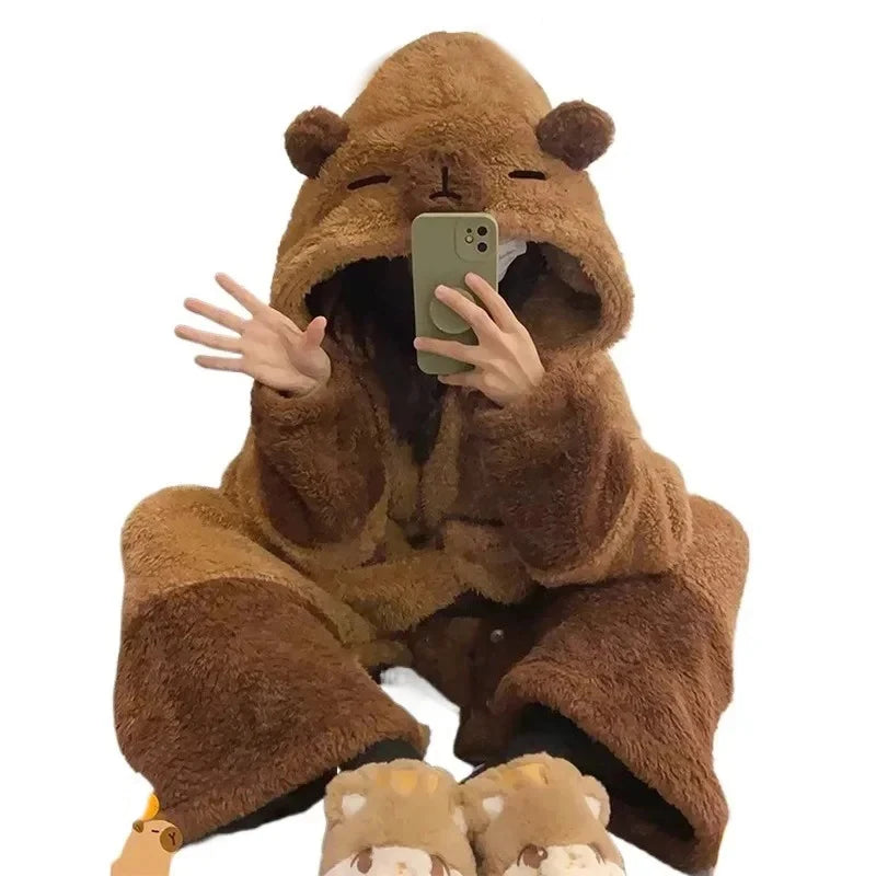 Bathrobe Woman Showerpadded Warm Plus Size Cartoon Bear Pajamas Coffee Color Dressing Gown Coral Velvet One-Piece Pajamas