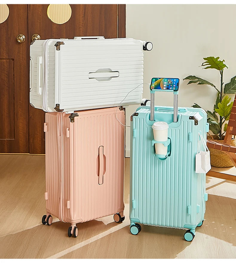Large Capacity 20-26 Inch Rolling Luggage with Cup Holder Travel Bag Convenien Mobile Phone Stand Simple Travel Rolling Suitcase
