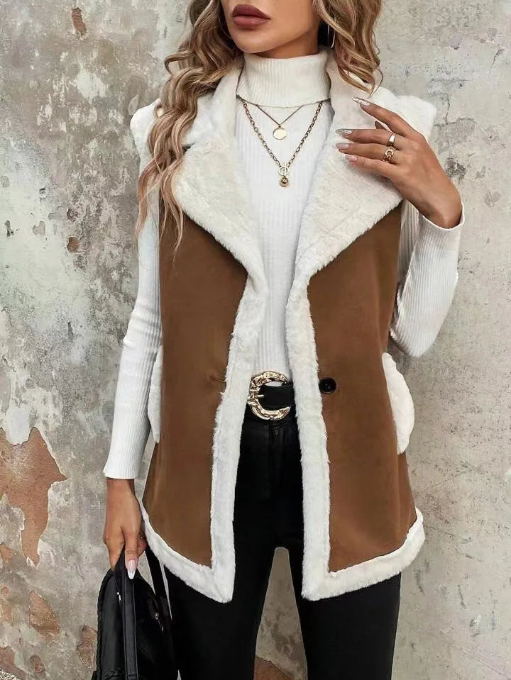 European American Fashion Women’s Color-coded Sleeveless Casual Trendy Loose Turn-down Collar Loose Vests Female Clothes Coats