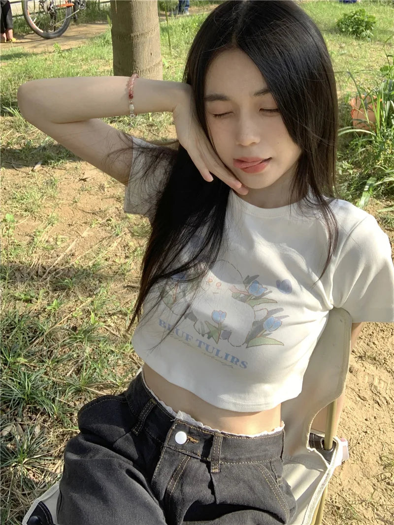 Kawaii Crop Top Summer Women's T-shirt All-match Trendy Fun Printed Casual Slim Korean Cute Tops New Y2K Simple Short Sleeve Tee