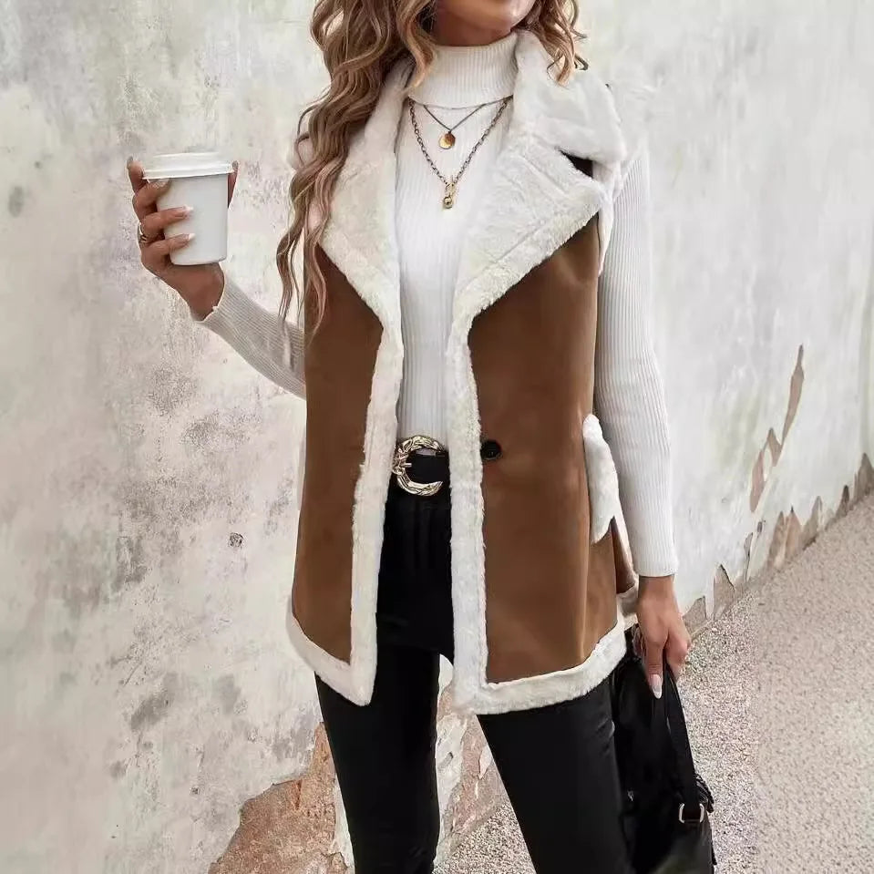 European American Fashion Women’s Color-coded Sleeveless Casual Trendy Loose Turn-down Collar Loose Vests Female Clothes Coats