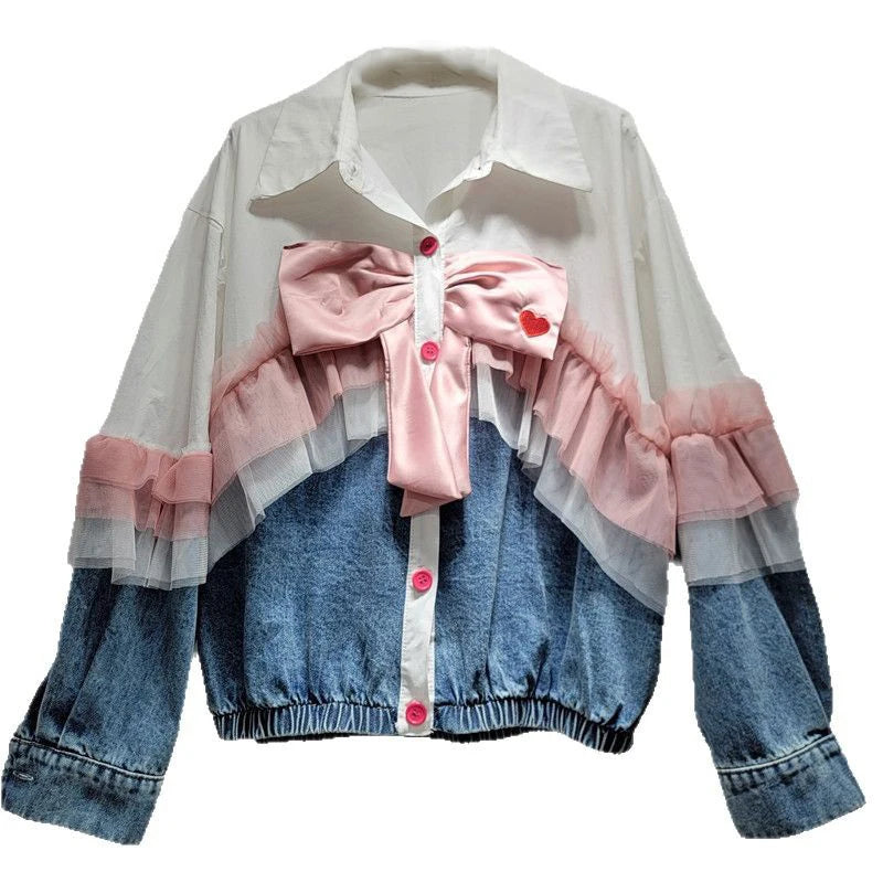 WTHT Fashion Women's Spliced Bows Mesh Edge Denim Jacket 2025 Spring Trendy Lapel Long Sleeves Loose Coat Female 1LS951