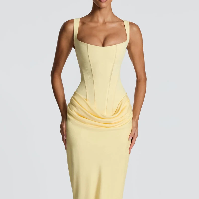Yellow Strapless Pleated Dress Women Elegant Sexy Sleeveless Waist Cinching Split Maxi Gowns 2026 Lady New Evening Party Dresses