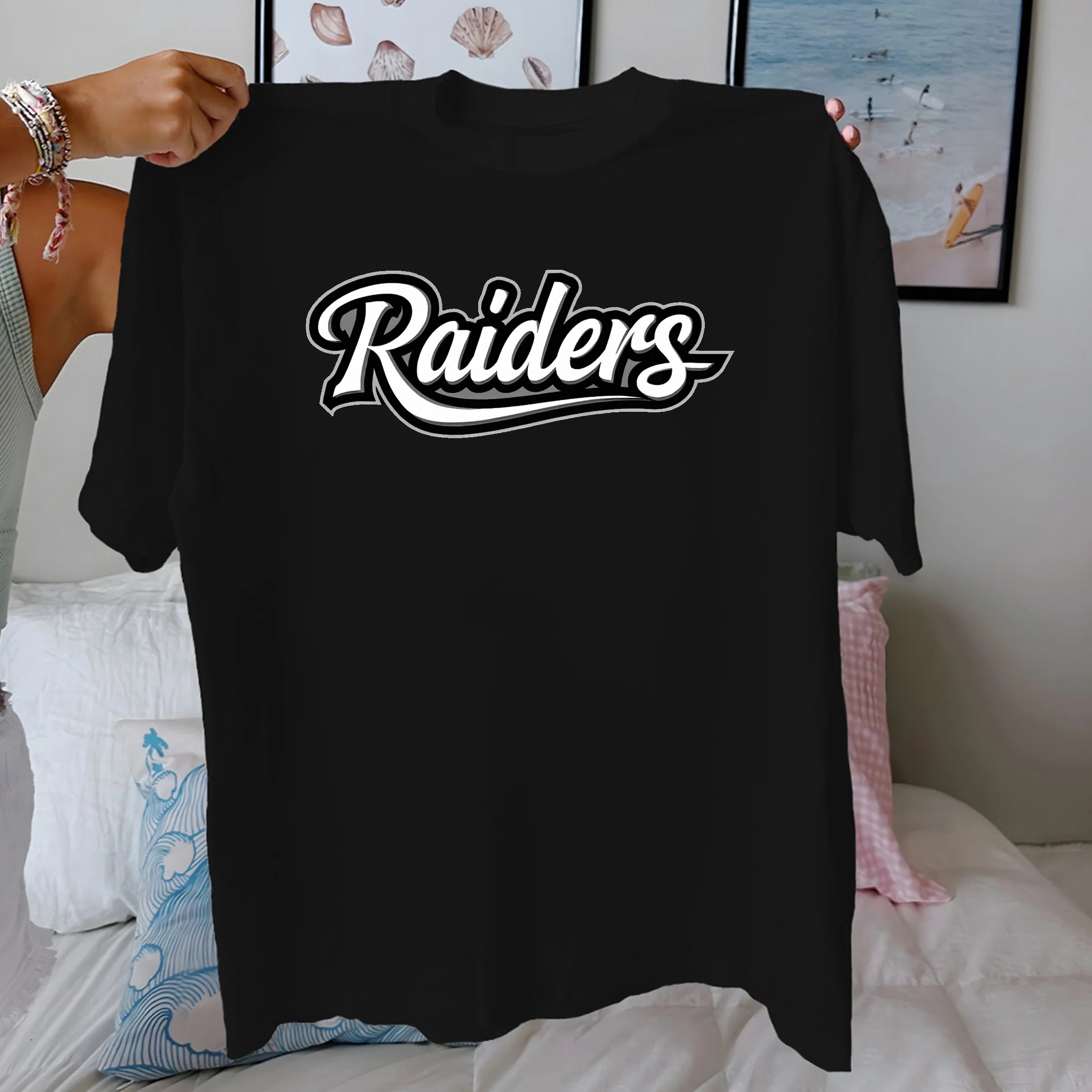 Raiders bold script font Women's pure cotton comfortable T-shirt