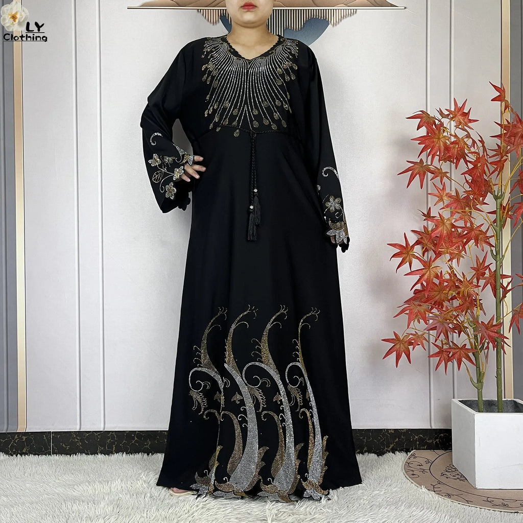 2025New Dubai Muslim Women Elegant Dress African Abaya Loose Butterfly Pattern Diamond Islamic Long Sleeve Turkey Femme Clothing