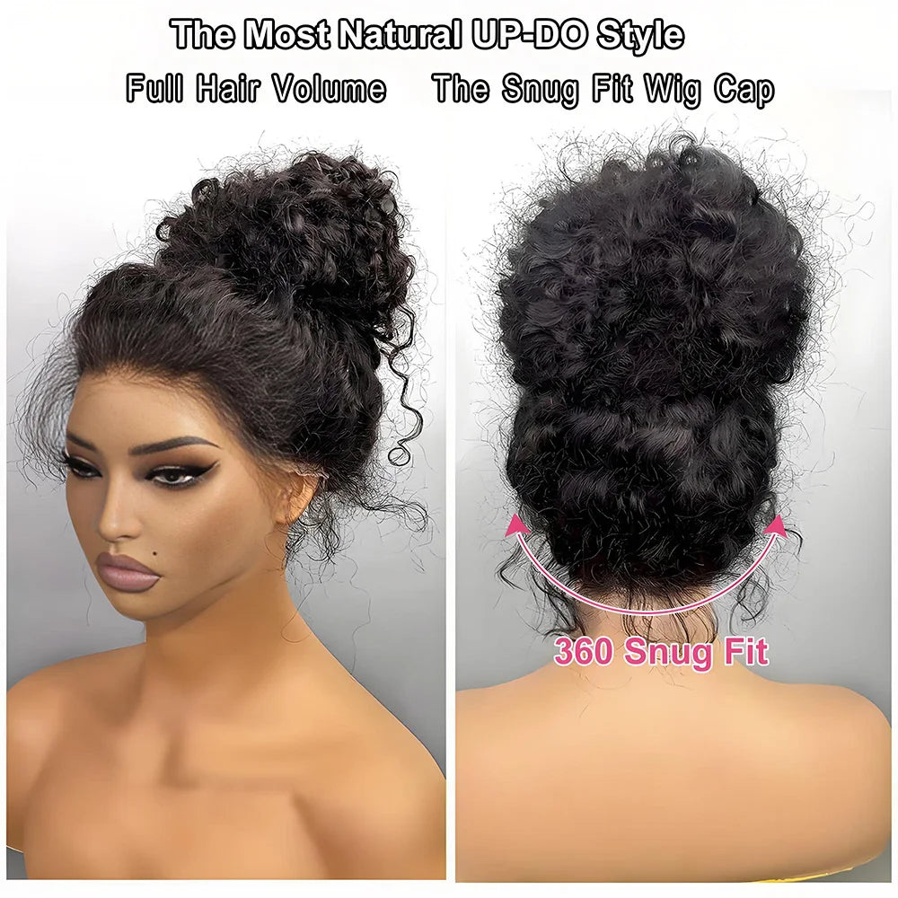 Water Wave Curly Wig 250 Density 360 HD Lace Invisi Strap Glueless Natural Black Human Hair Pre Plucked Wig for Black Women Wigs