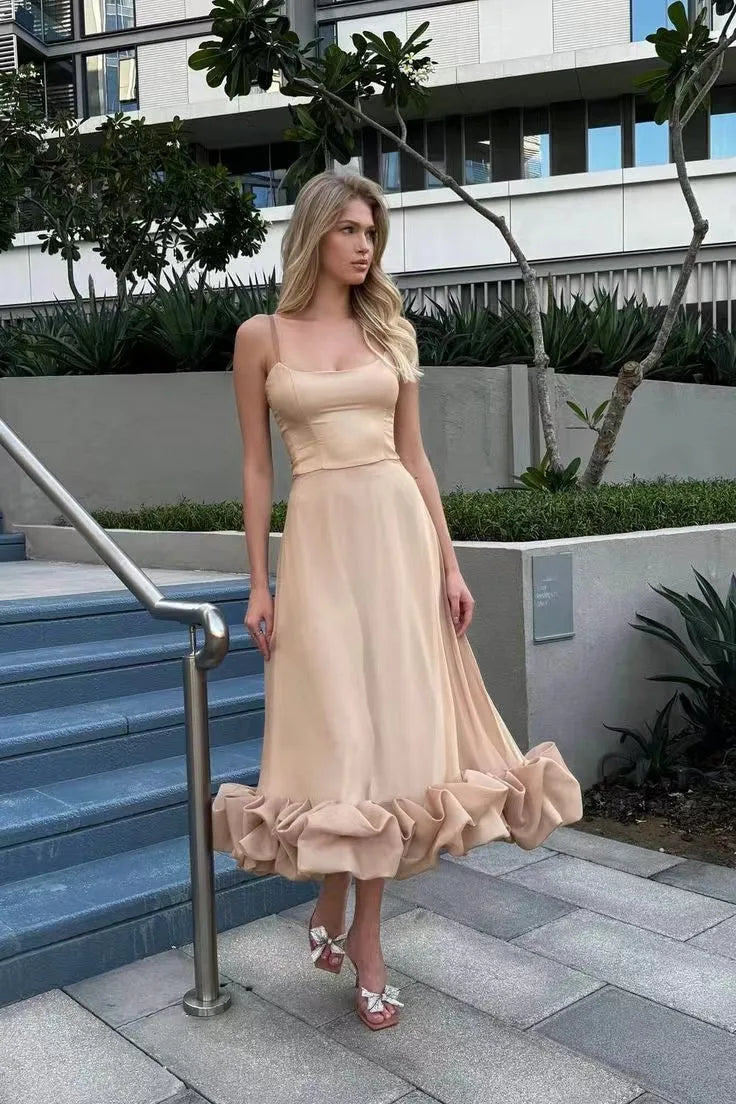 Putao Prom Dresses Fashion Square Empire Summer Party Dress Tea Length Sleeveless Chiffon Ruched Formal Evening Gowns платье жен
