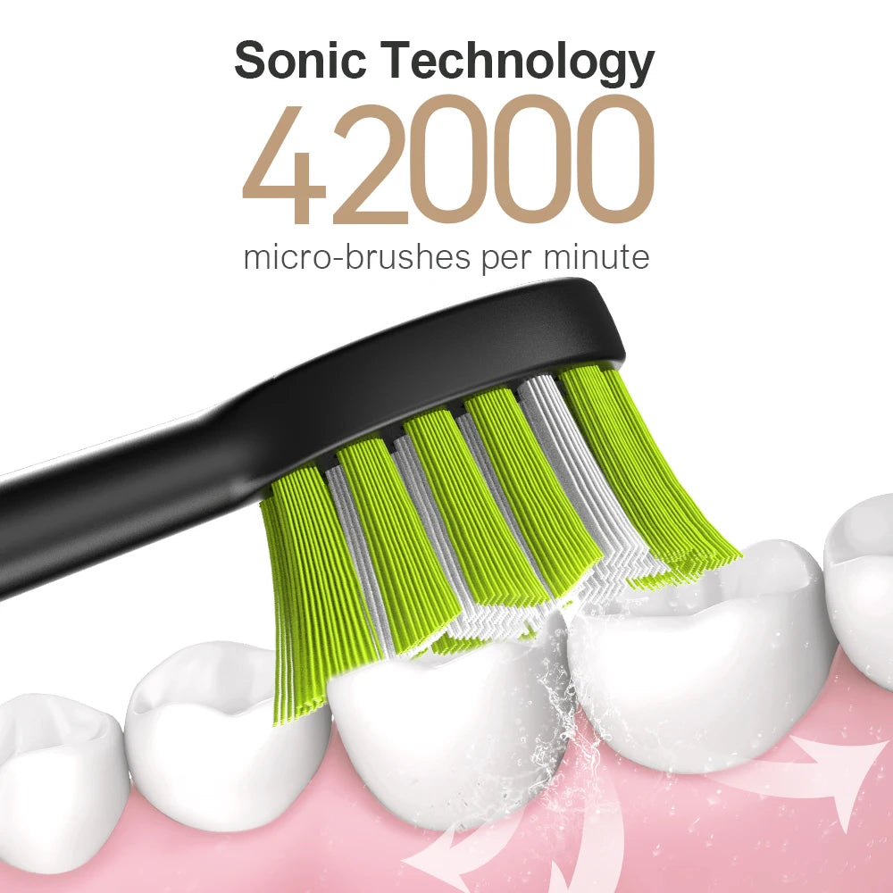 Electric sonic toothbrush with 6 toothbrush heads, USB rechargeable waterproof electric toothbrush, portable for travel
