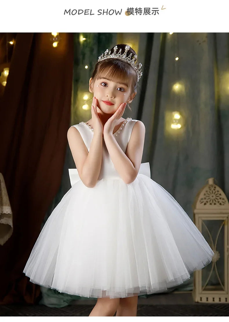 New Girls Princess Dress Summer Tulle Big Bow Girls Wedding Dress Piano Performance Costume Host Costume 2-10 Years Kids Clothes