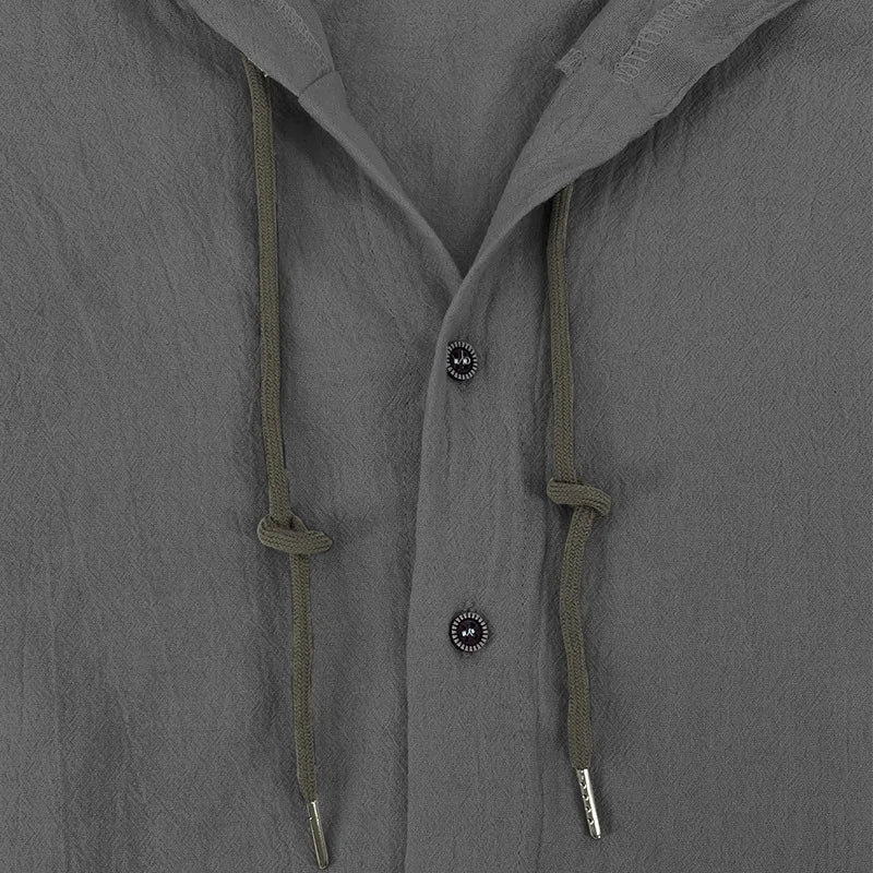 Men's solid color casual shirt, hooded drawstring cotton and linen cardigan, trendy and versatile loose beach T-shirt
