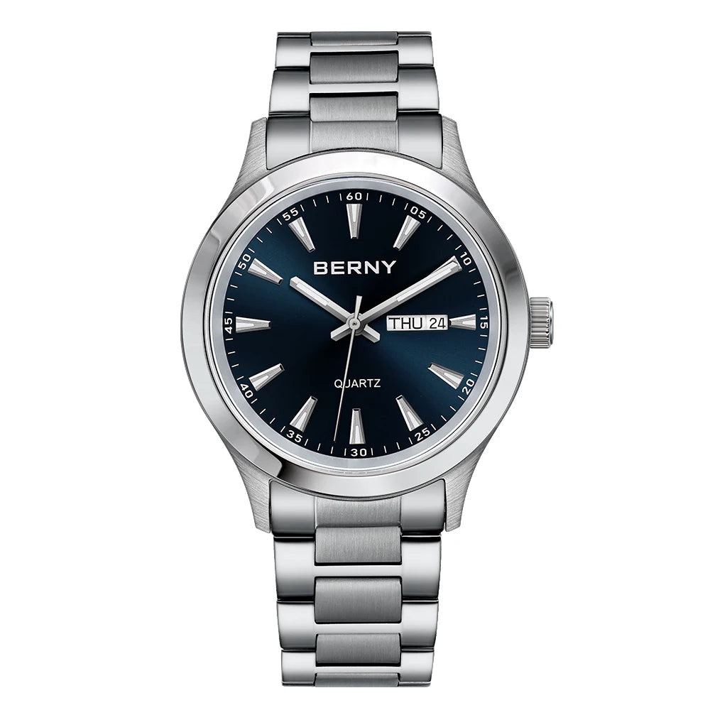 BERNY Watches for Men 40mm Luminous Elegance Dress Quartz Watch Calendar Week Luxury Waterproof Casual Business Men's Wristwatch