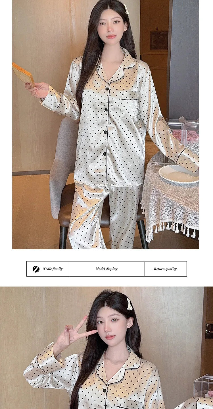 Spring and Autumn Summer Black Polka Dot Ice Silk Pajamas Women's New Long Sleeve Long Pants Net Red Simple Casual Homewear Set