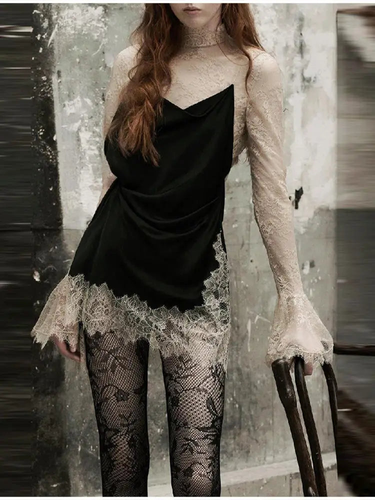 Elegant Fashionable Short Dress Lace Stitching Trendy Stylish Party Dresses Modest Dignified Sweet France Romantic Women Outfit