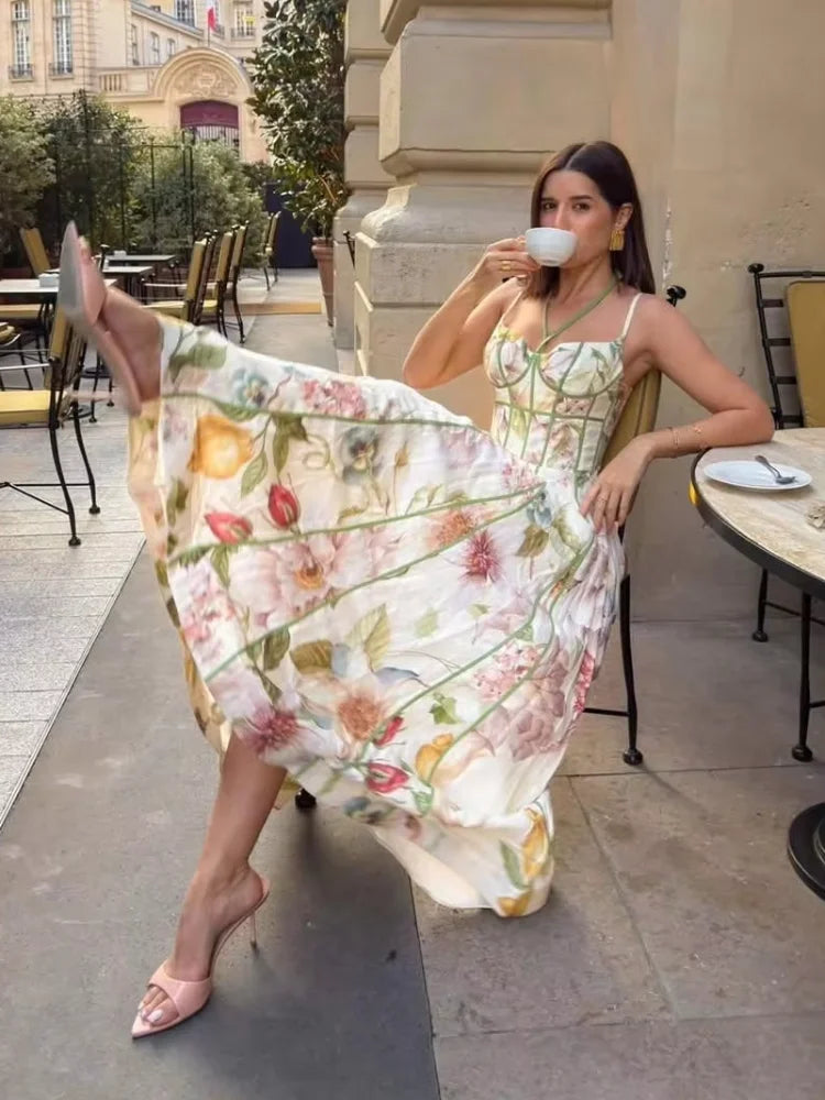 Women's Printed Sleeveless Halter Dress Waist-Closed A-Line Lady Elegant Dresses 2026 Spring Summer Fashion Female Vacation Robe