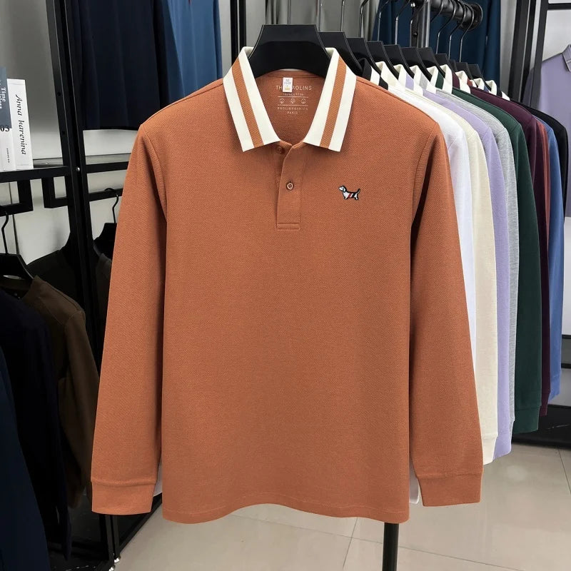 Luxury Brand Men's 100% Cotton Print Long Sleeve Polo Shirt Original Autumn Design Simple Trendy Business Lapel T-shirt Menswear